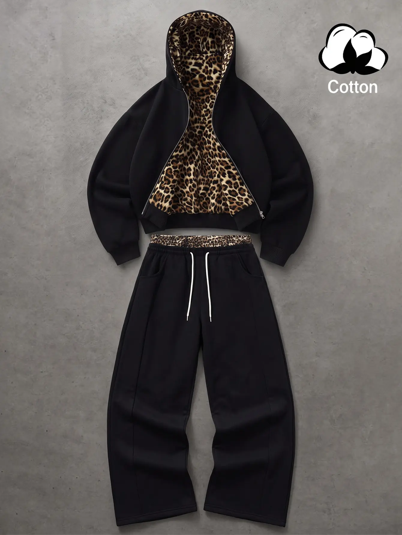 Men’s reversible leopard-print zip-up hooded sweatshirt jacket + wide-leg sweatpants casual two-piece set, cotton blend fabric hoodie with kangaroo pocket, loose long sleeves, street-casual style, fashionable top