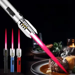 1 piece, Large flame torch, adjustable with refillable red flame, features a bright igniter with safety lock and switch lock. Windproof flame torch with large butane gas tank, suitable for emergencies, campfires, barbecues (butane gas not included)