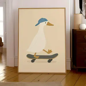 Skating Duck Canvas Wall Art Poster – Retro Duck Skate Art Print, Cute Vertical Animal Decor for Bedroom, Living Room, Home