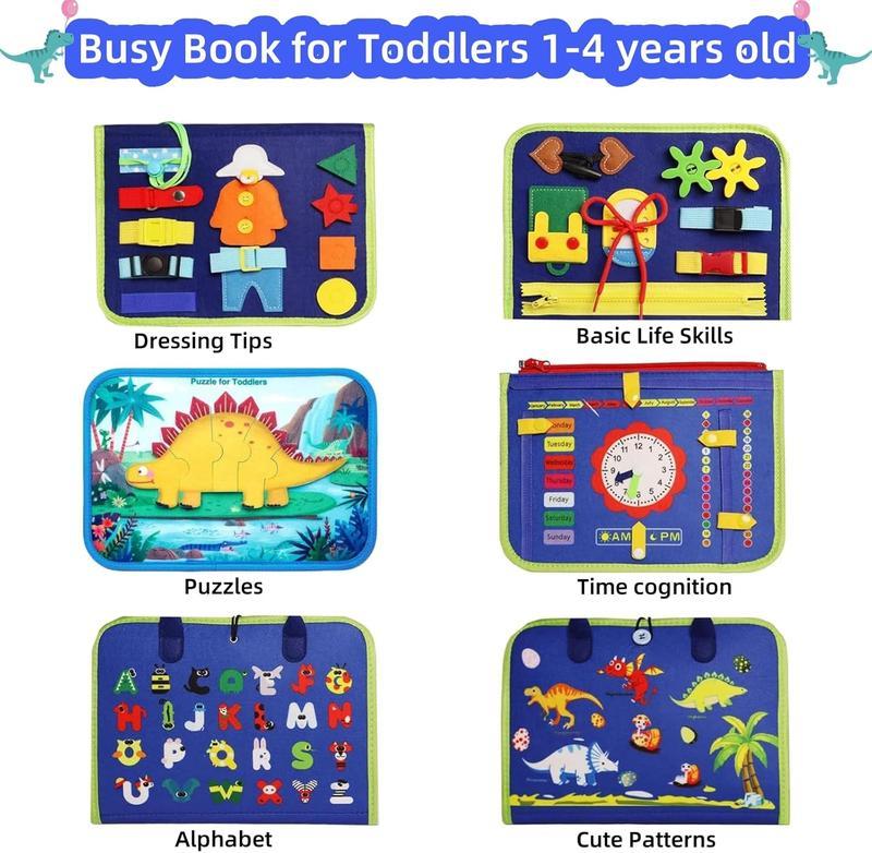 Summer Busy Board Montessori Toys for 1-3 Year Old Boys, Educational Sensory Busy Book for Toddlers 2-4, Learning Activities Toy for Airplane & Car Travel, Blue 3-Page Design