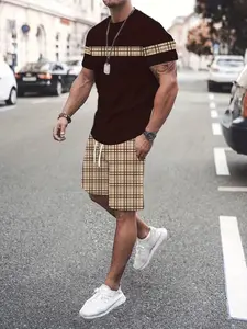 Light Mature Business Casual Set, Camel Plaid Patchwork Short Sleeve Top + Shorts Two Piece Set, Graphic Pattern, Fitted Style