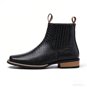 Men’s black vintage embossed crocodile Chelsea boots with wooden heel, business  shoes, versatile  suitable for all seasons casual outdoor footwear