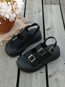 Women's Dual Buckle Thick Sole Roman Sandals, Open Toe Adjustable Buckles, Summer Casual Shoes, Anti-Slip Platform Heels