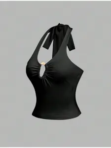 Summer Halter Backless Top, Women's Lace-Up Hollow Out Design, Slim Fit Short Sleeve Blouse, Casual Fashion