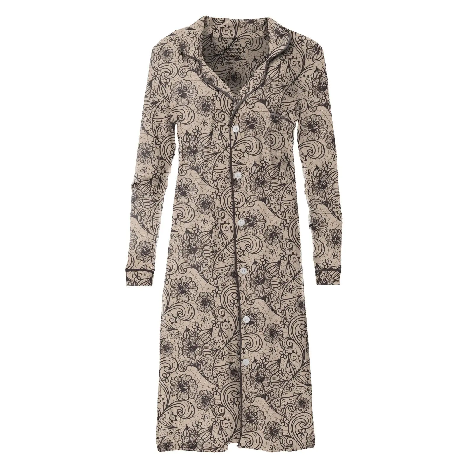 Women's Print Long Sleeve Button Down Nightgown in Burlap Lace