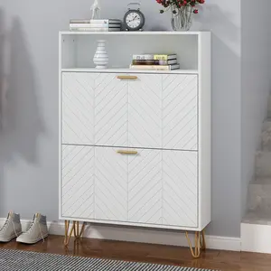 Shoe Cabinet, Free Standing Tipping Bucket Shoe Rack Organizer with 2 Flip Drawers, Entryway Narrow Shoe Storage with Storage Shelf & Top Cubby, Modern Hidden Shoe Cabinet With Doors