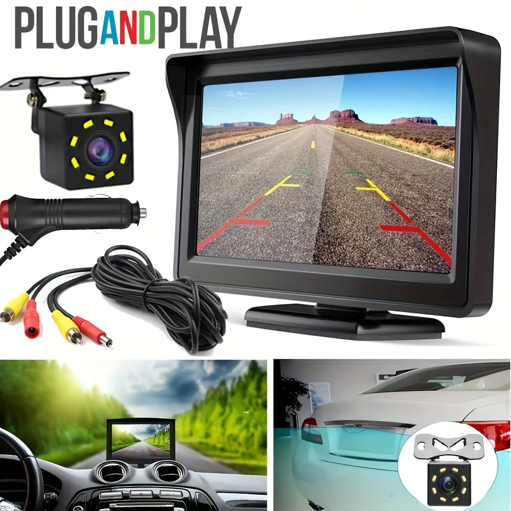 10.92cm HD Monitor 8LEDs Rear View Backup Camera Kit with Night Vision - Full Color Display, 480p Resolution, 12V Power, Universal Fit for SUVs, Pickups, Campers, Tractors, Without Battery, Car Security Camera