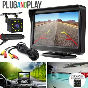 10.92cm HD Monitor 8LEDs Rear View Camera Kit with Night Vision - Full Color Display, 480p Resolution, 12V Power, Universal Fit for SUVs, Pickups, Campers, Tractors, Without Battery, Car Security Camera
