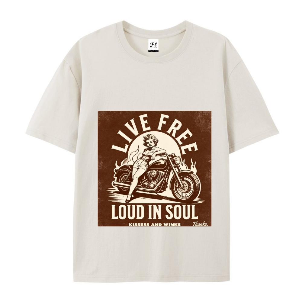 Live Free Loud In Soul Retro Biker Graphic Tee Vintage Motorcycle Pin Up Print Casual Streetwear For Men