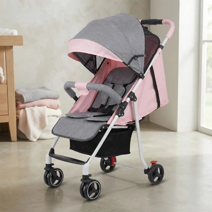 This baby stroller is quick and easy to fold and features a UPF50+ sunshade. The under-seat storage basket is perfect for traveling with toddlers and can store their belongings.