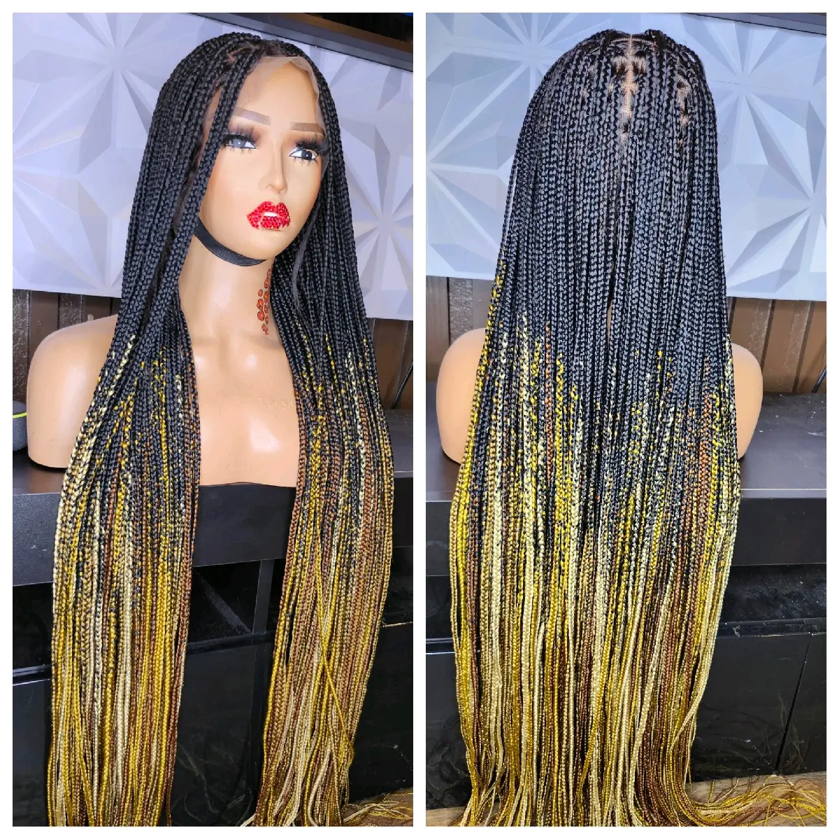 Multi Colored Tips Knotless Braided Wig - Black and Gold Color Scheme, Long Length, Stylish Design