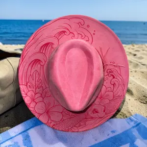 Pink Engraved Cowboy Hat with Sea Turtle & Ocean Waves | Coastal Cowgirl Western Hat | Beach & Summer Hat