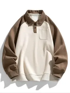 Men's Colorblock Pocket Half Button Front Sweatshirt, Regular Fit Casual Reglan Shoulder Long Sleeve Polo Collar Pullover, Men's Spring & Fall Clothes