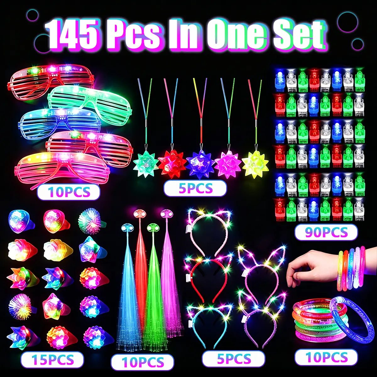 145 Pieces Glow Party Supplies Set, Glow Glasses, Headbands, Rings, DIY Glow Bracelets and Necklaces, Neon Light-Up Party Favors for Kids and Adults Gifts
