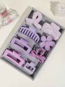 8pcs dream purple hair clip suit, plush texture with various shapes, flowers, bows, sweet atmosphere full, hair artifact one key to create exquisite hairstyle! Hair Claws Set