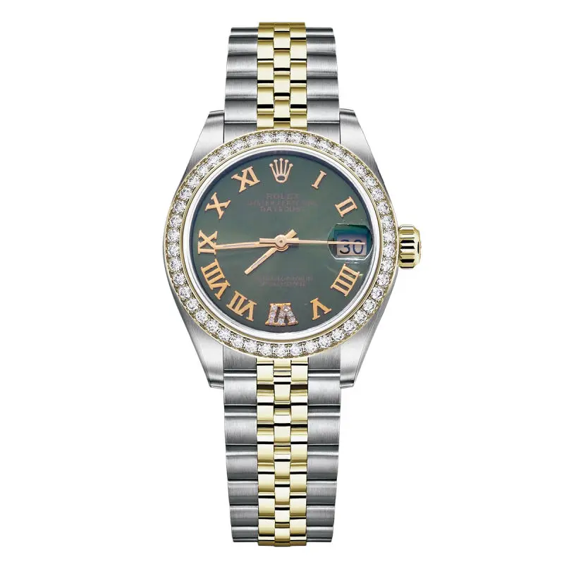 Rolex Datejust 31 68273 Two-Tone Yellow Gold Custom Diamond Bezel Green Roman Diamond VI Dial WHP038720