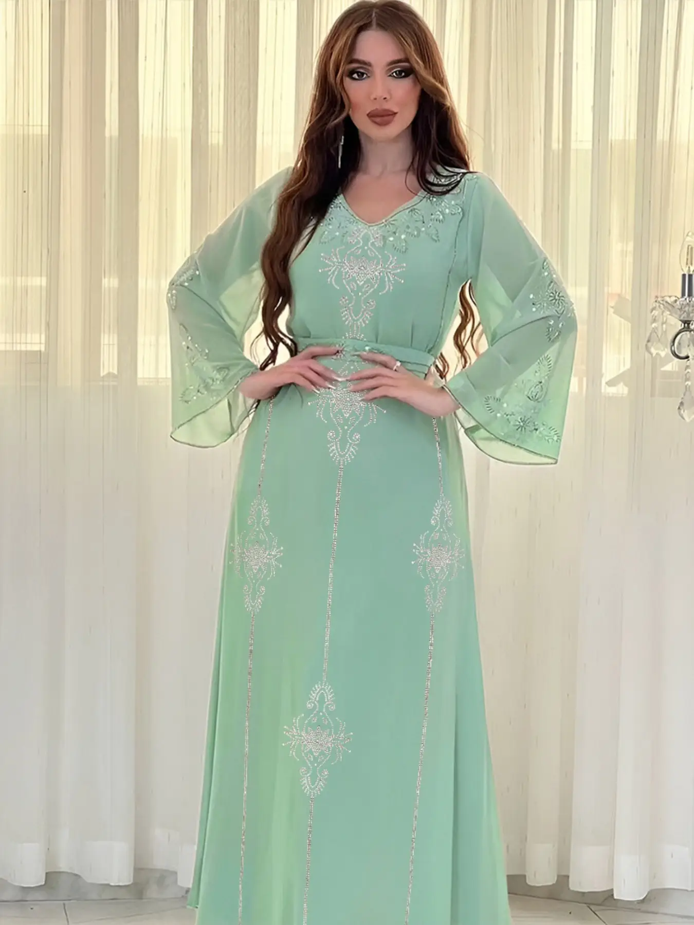 Muslim Women Fashion Chiffon Embroidered Evening Dress Gown, Elegant Long Robe for Special Occasions, Stylish Muslim Clothing