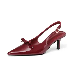 Women's Elegant Burgundy Patent Leather Slingback Heels, Pointed Toe Bow-Accented Kitten Heels, Stylish Women's Shoe Footwear