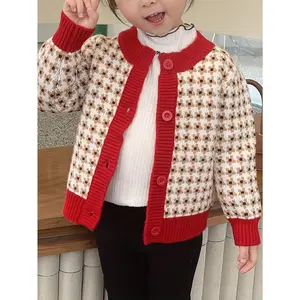 Kids Casual Crew Neck Houndstooth Cardigan, Polyester 94.70% Spandex 5.30% Knit Sweater with Rib-Knit Detail, Slight Stretch Fabric, Fall/Winter Outerwear for Children