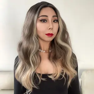 24" Long Ombre Brown Wave Wig for Women Middle Part Brown Blonde Wavy Synthetic Heat Resistant Fiber Natural Looking Wig for Daily Party Use