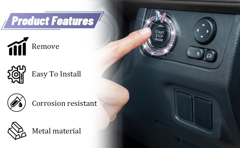 4PCS Bling Car Engine Start Stop Decoration Ring, Crystal Rhinestone Auto Push Start Button Ignition Ring Sticker, Vehicle Decor Accessories for Women Girls, Universal for Vehicles (Dark Blue)