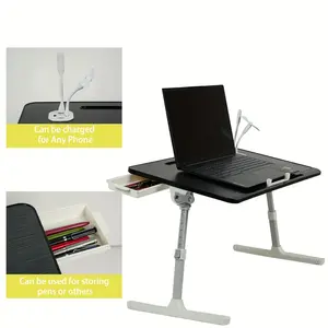 Bedside Laptop Desk, Adjustable Height and Angle Laptop Stand with Storage Drawer, Divider, USB Night Light, Fan, and Bookshelf - Portable Laptop Desk Suitable for Sofa and Floor