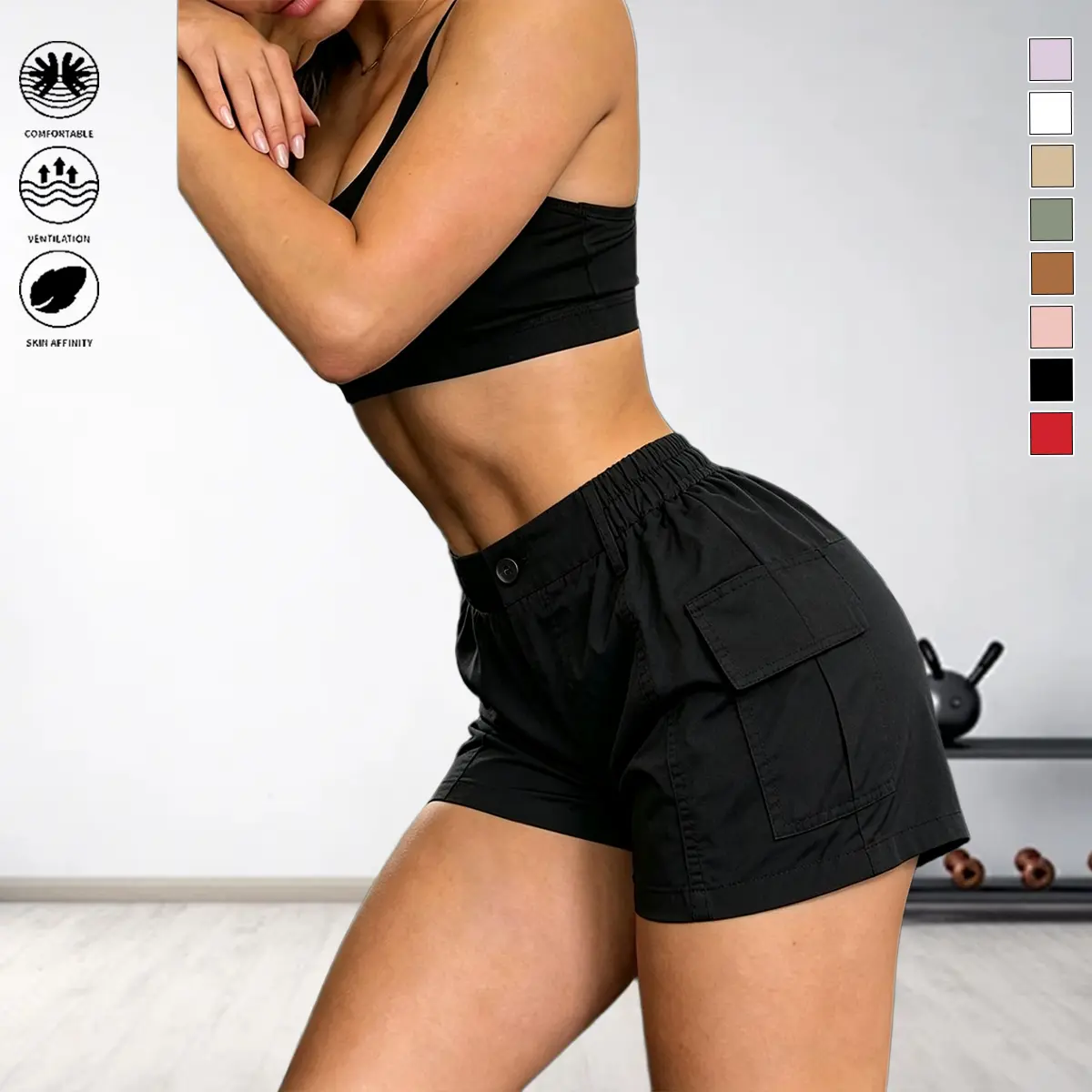Women’s summer quick-dry running shorts with breathable fabric and pockets; non-restrictive casual athletic shorts for everyday wear and commuting, versatile for yoga, tennis, climbing, and fitness.