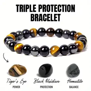 Triple Protection Bracelet - Hematite, Tiger Eye & Black Obsidian - Stainless Steel Magnetic Clasp - Unisex Energy Healing Jewelry