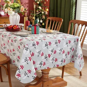 Christmas White Snowman Vinyl Tablecloth With Flannel Backing,Rectangle PVC Table Cloth, Xmas Waterproof Tablecloths For Dining Kitchen Winter Holiday, Festival New Year Party Decor Ornaments Decoration