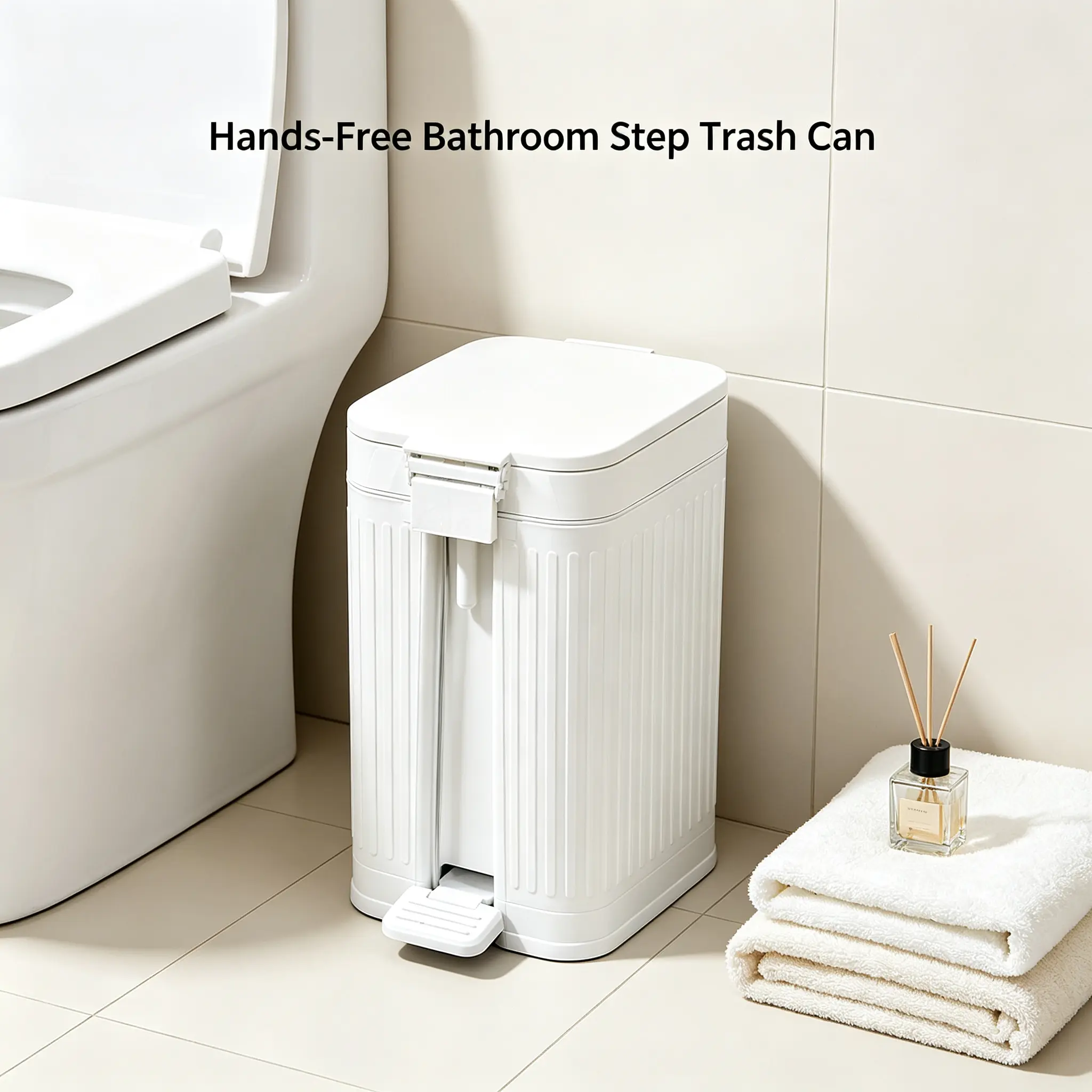 Cream White Japandi Vertical Ribbed Pedal Trash Can, Spring Hinge Odor-Sealing Hands-Free Lidded Garbage Bin for Neutral Bathroom Vanity Bedroom Cottagecore Home Decor