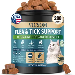 VICSOM Cat Skin & Coat Chews with Probiotics, Salmon Flavor Daily Wellness Treats, Supports Digestive Balance, Skin & Coat Care, Omega-3 & Prebiotic Blend, 200 Count