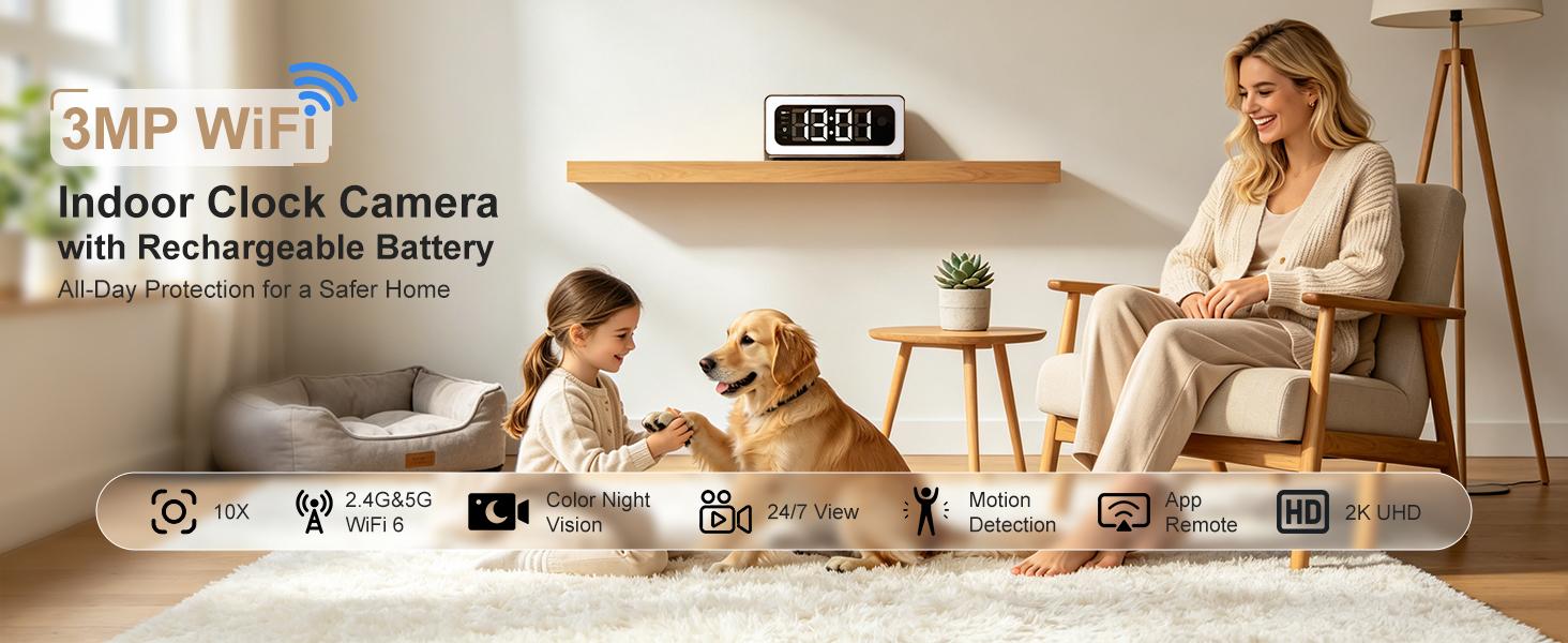 2K Smart Indoor Clock Camera, Nanny Cam, Indoor Security Camera for Home, 5G & 2.4G WiFi, Full Color Night Vision, Motion Detection Alerts, Alarm Siren, Local SD Storage, Wood Grain Design 2K Smart Indoor Clock Camera, Nanny Cam, Indoor Security Camera for Home, 5G & 2.4G WiFi, Full Color Night Vision, Motion Detection Alerts, Alarm Siren, Local SD Storage, Wood Grain Design