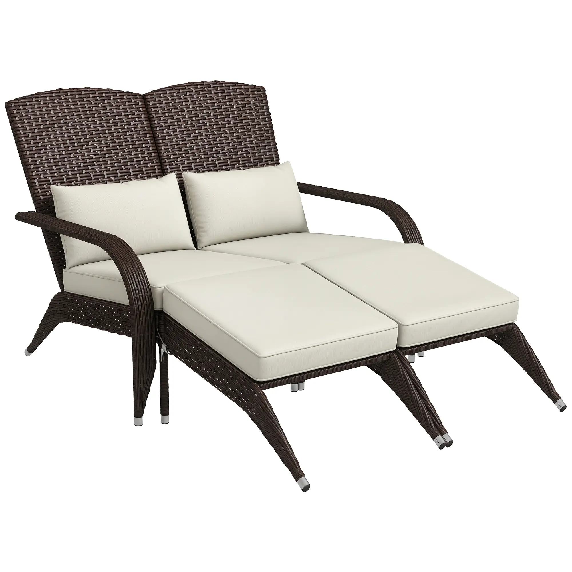 2-Person Wicker Adirondack Chair – Cream White. High Back + 2 Footstools. PE Rattan + Powder-Coated Steel Frame. Padded Cushions (Zippered Covers). 352 lbs Cap