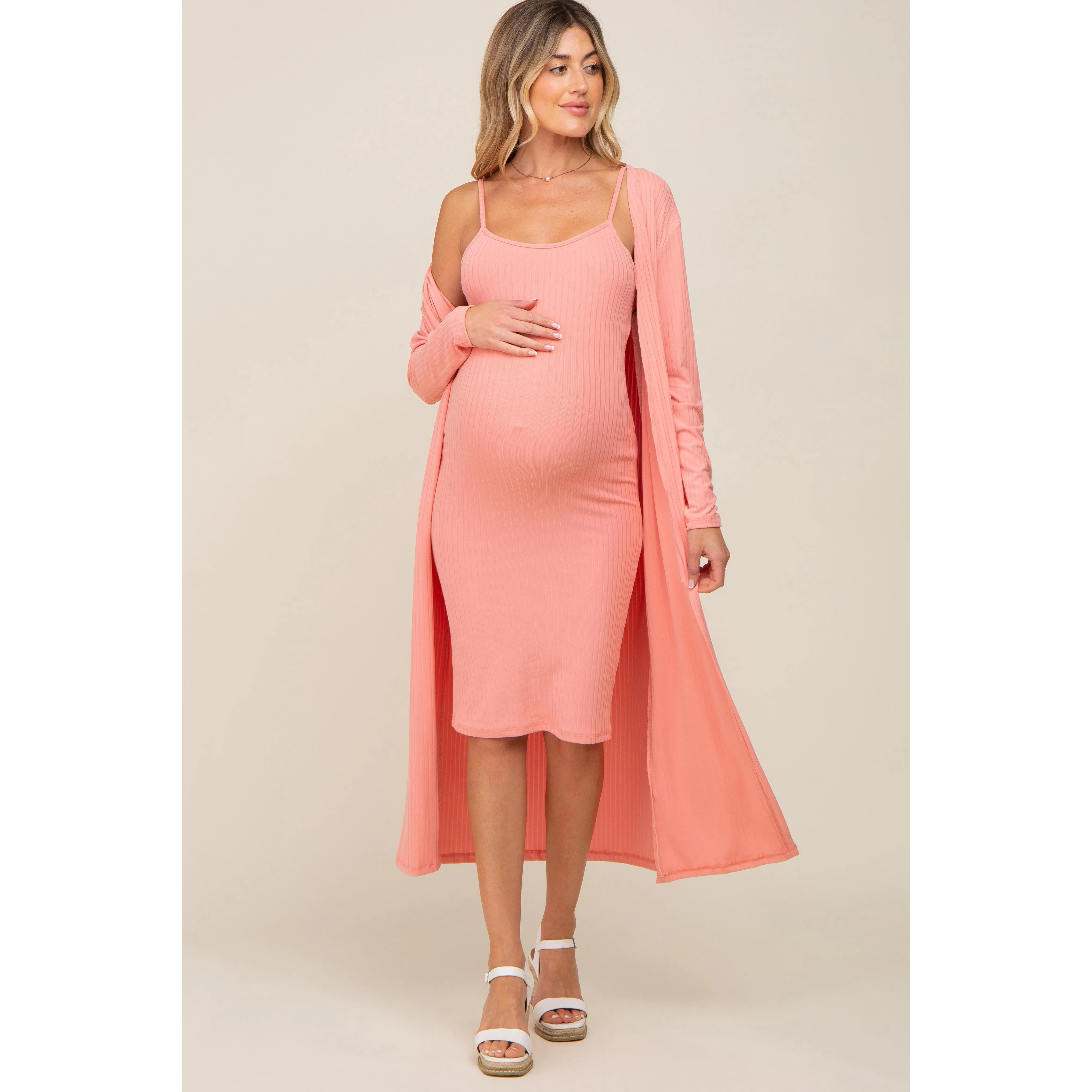 Peach Ribbed Cardigan 2 Piece Maternity Set
