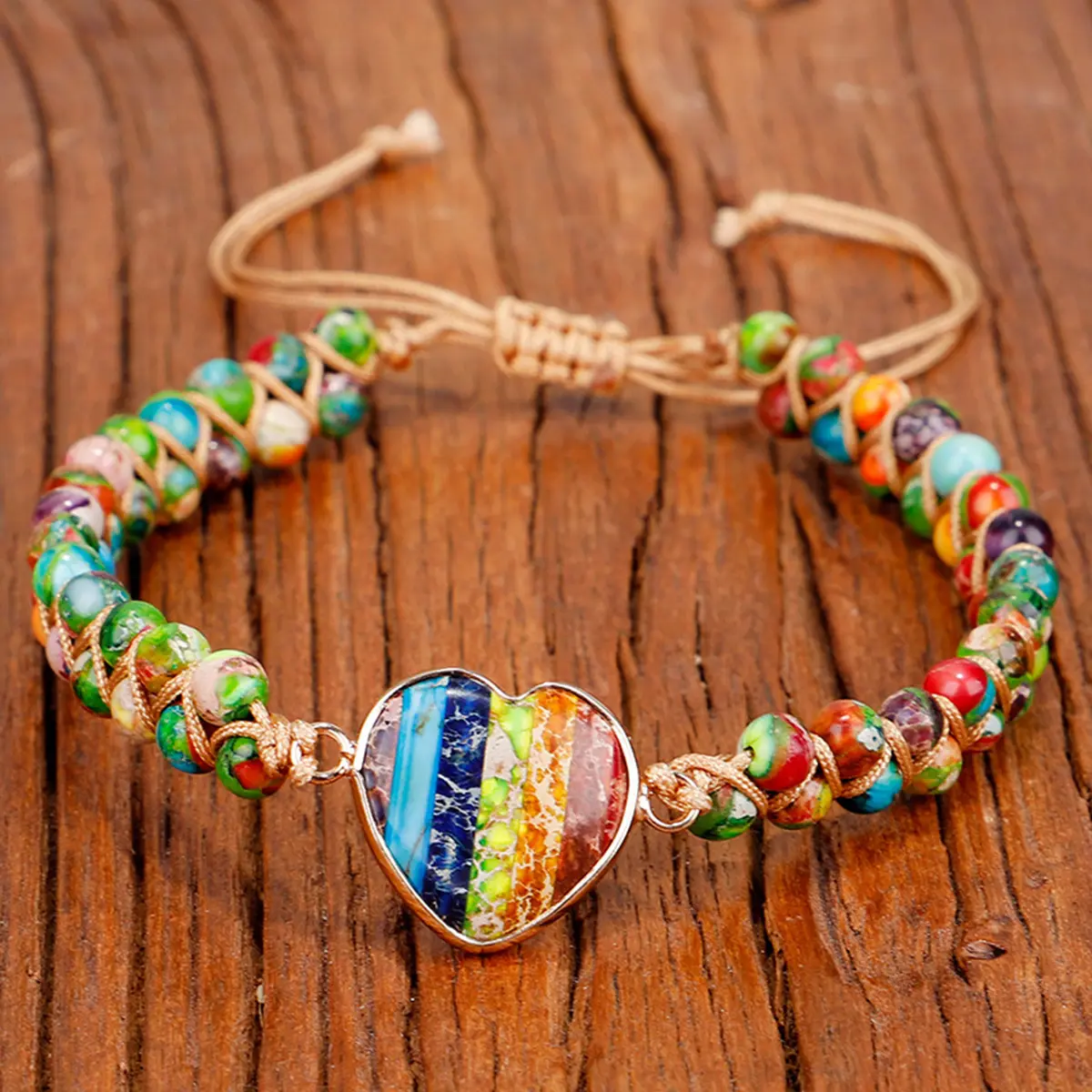 Colorful Sea Sediment Jasper Bracelet with Heart Stone - Handmade Double-Layered Bracelet - Healing Energy Bracelet Intuitively Chosen Crystals