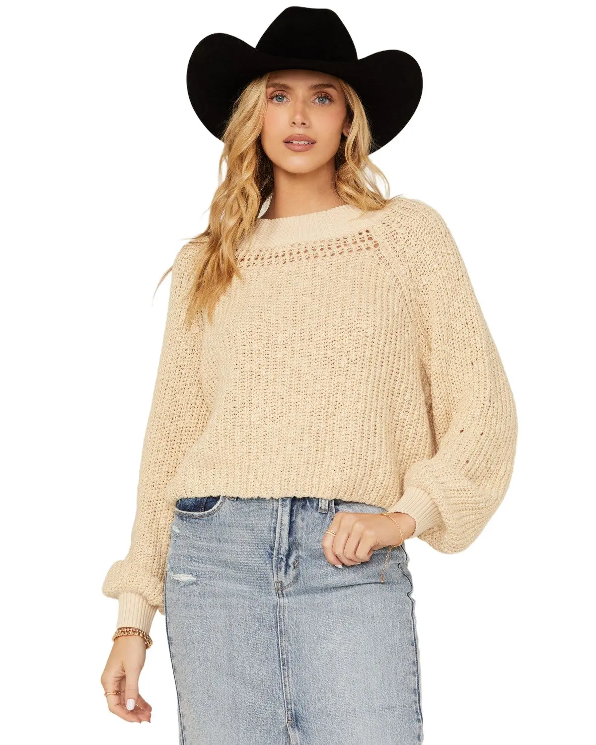 Cleo + Wolf Women's Women'S Celine Open Weave Cropped Sweater - Clfa24sw81-Oat