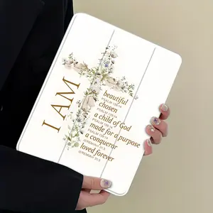 Elegant Floral Cross Design Three-Tier Stand iPad Case,Transparent Acrylic Hard Back,Pencil Slot & Charger Port,Fits iPad 7.9/8.3/10.2/10.5/10.9/11/12.9 13 inch,Shock-resistant Full Cover Protective Case Suitable for Offices Schools Homes