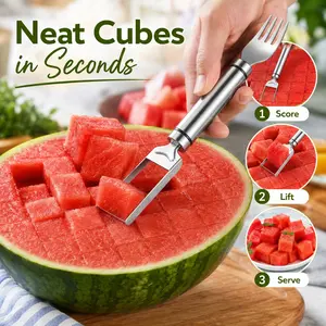 Stainless Steel 2-in-1 Watermelon Cutter | Fork & Slicer Combo Tool | Effortless Fruit Cutting | Ergonomic Round Handle