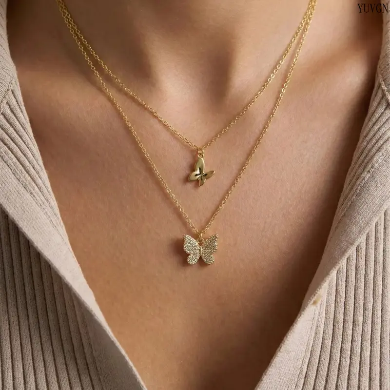 Women's Gold-Layered Butterfly Necklace - Dainty Double-Chain with Cubic Zirconia, 22cm Elegant Christmas Jewelry Gift (Indoor Recreation Accessory)