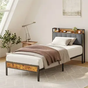 Twin  Frame, Metal  Frame With Storage Headboard, Heavy Duty Metal Slats Support Framework, No Box Spring Needed, Easy Assembly, Valentine's Day Ideas bed