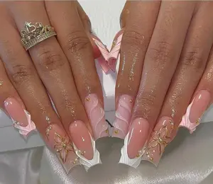 Pink French Tip Press On Nails 3D Floral Acrylic Glossy Y2K Fake Nails Luxury Style for Party Birthday Date Night