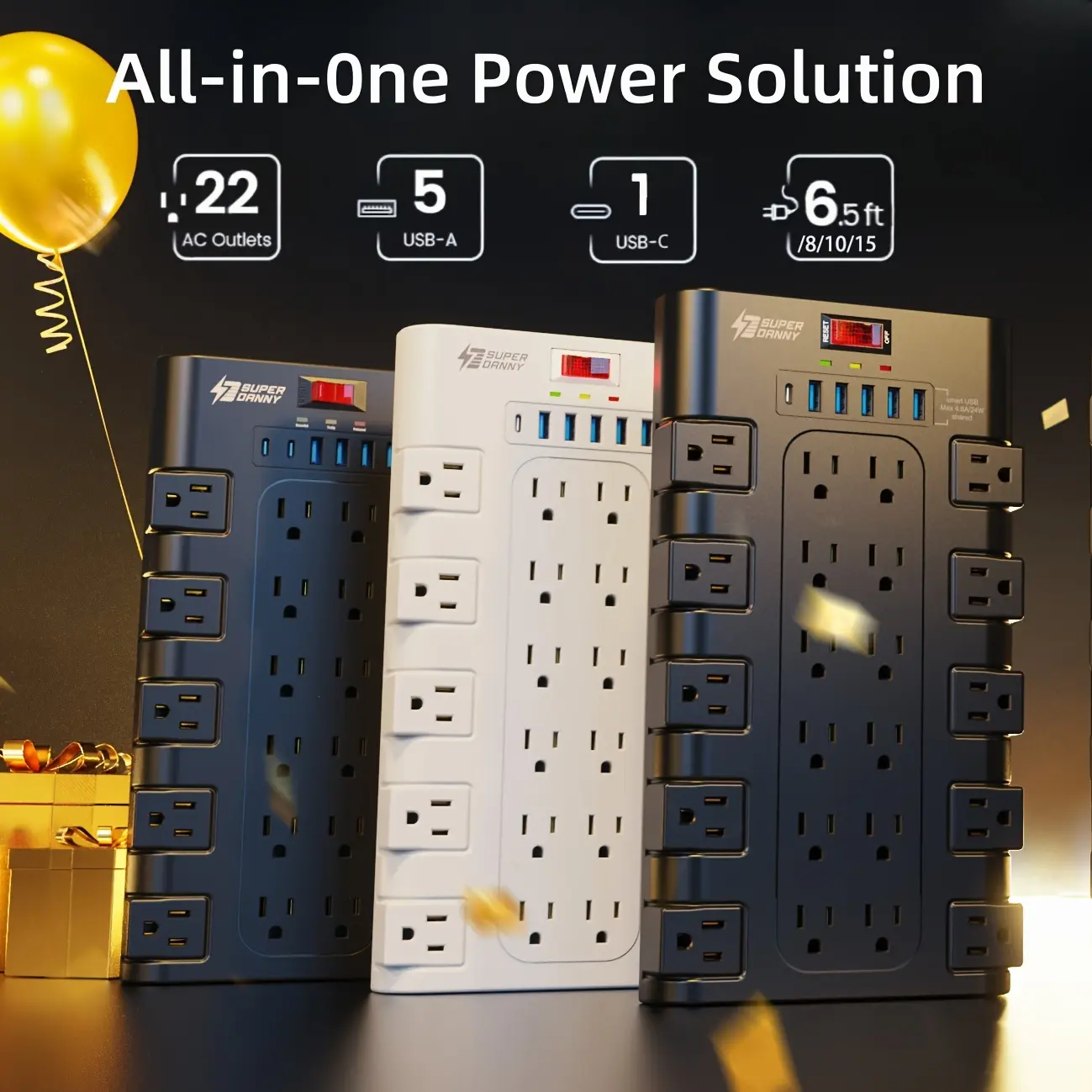 28-in-1 Surge Protector Power Strip with 22 Spacious AC Outlets(1875W/15A), 5/4 USB-A, 1/2 Type-C Ports, Control Switch, Overload Protection, Flat Plug Wall Mount, Space-Saving Extension Cord, Desk USB Charging Station for Home, Office, Kitchen