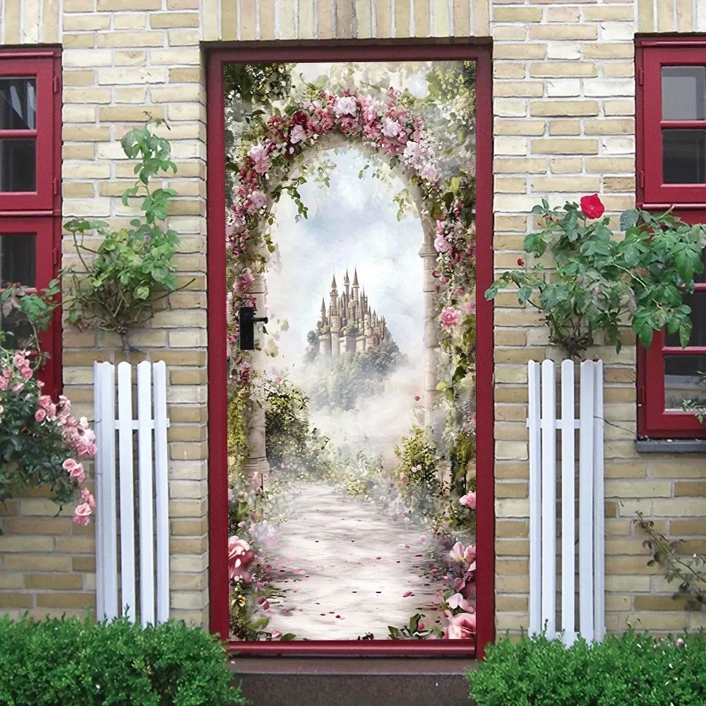 2pcs Fairy Tale Castle Flower Arch Wall Sticker Princess Style Self Adhesive Removable Decal Romantic Floral Door Mural for Kids Room Bedroom Living Room
