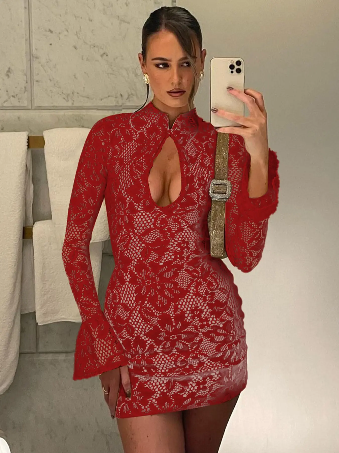 Women's Elegant Solid Lace Floral Cut Out Mock Neck Flared Sleeves Bodycon Dress, Plain Slim Fit Women's Elegant Solid Lace Floral Cut Out Mock Neck Flared Sleeves Bodycon Dress, Plain Slim Fit