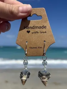 Handmade with Love Bull Shark Earrings - Handcrafted Shark Teeth Design Jewelry Thank You Message Included