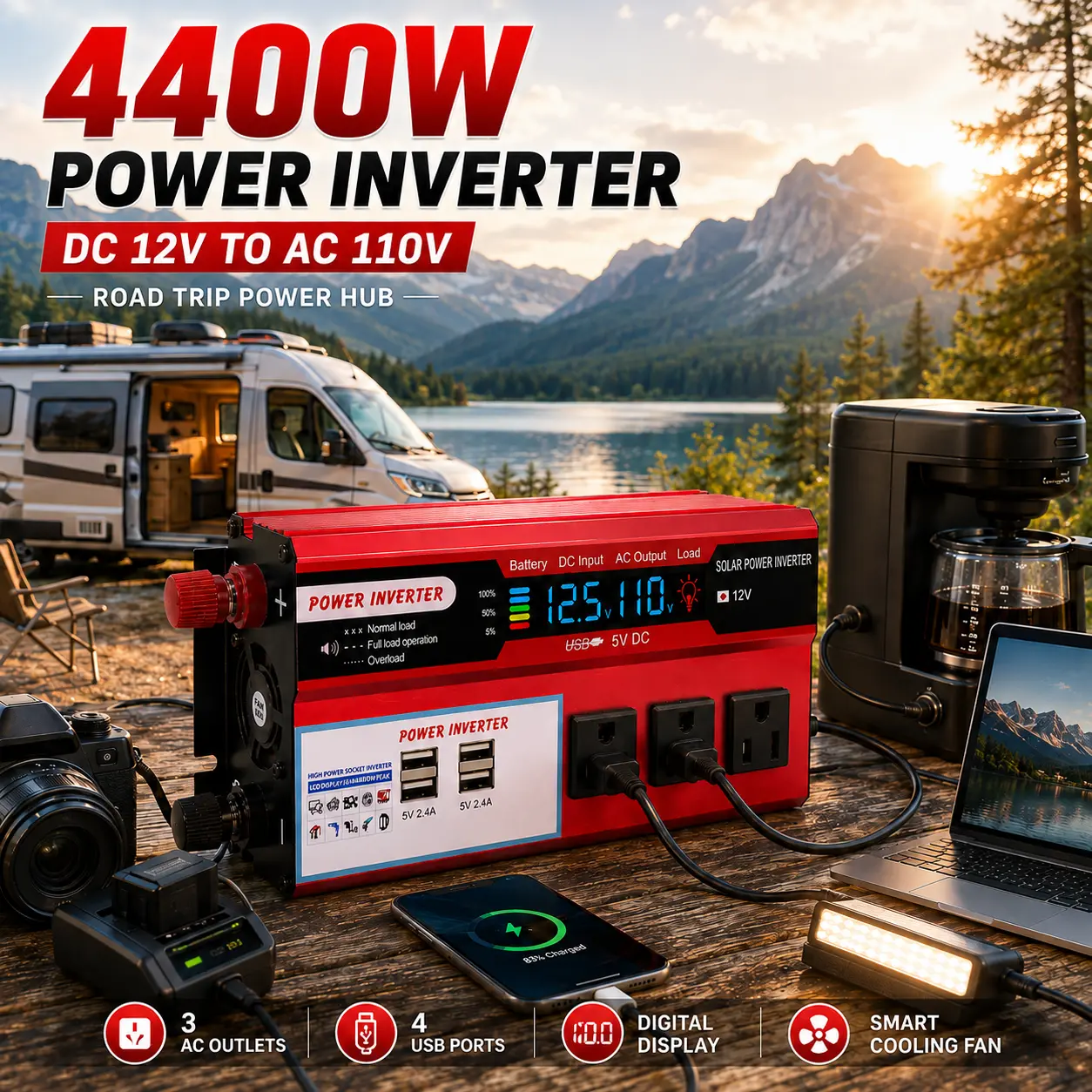 4700W Car DC-to-AC Power Inverter, Multi-Port Output Boat Electrical Equipment for Camping, Van Road Trips