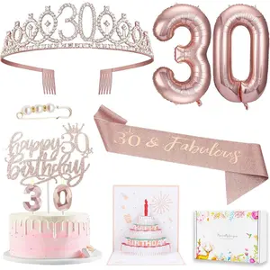 8pcs Birthday Gifts Decorations for Her, Including  Happy Birthday Cake Toppers, Birthday Queen Sash with Pearl Pin, Sweet Rhinestone Tiara Crown, Number Candles and Balloons Set, Rose Gold