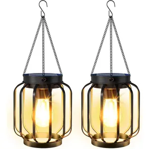 Solar Lanterns Outdoor Waterproof 2 Pack, 14.37'' Metal Hanging Solar Lights for Outside with Auto On/Off & Hook - Brighter Hanging Outdoor Lanterns Decorative Lighting for Garden Patio Yard