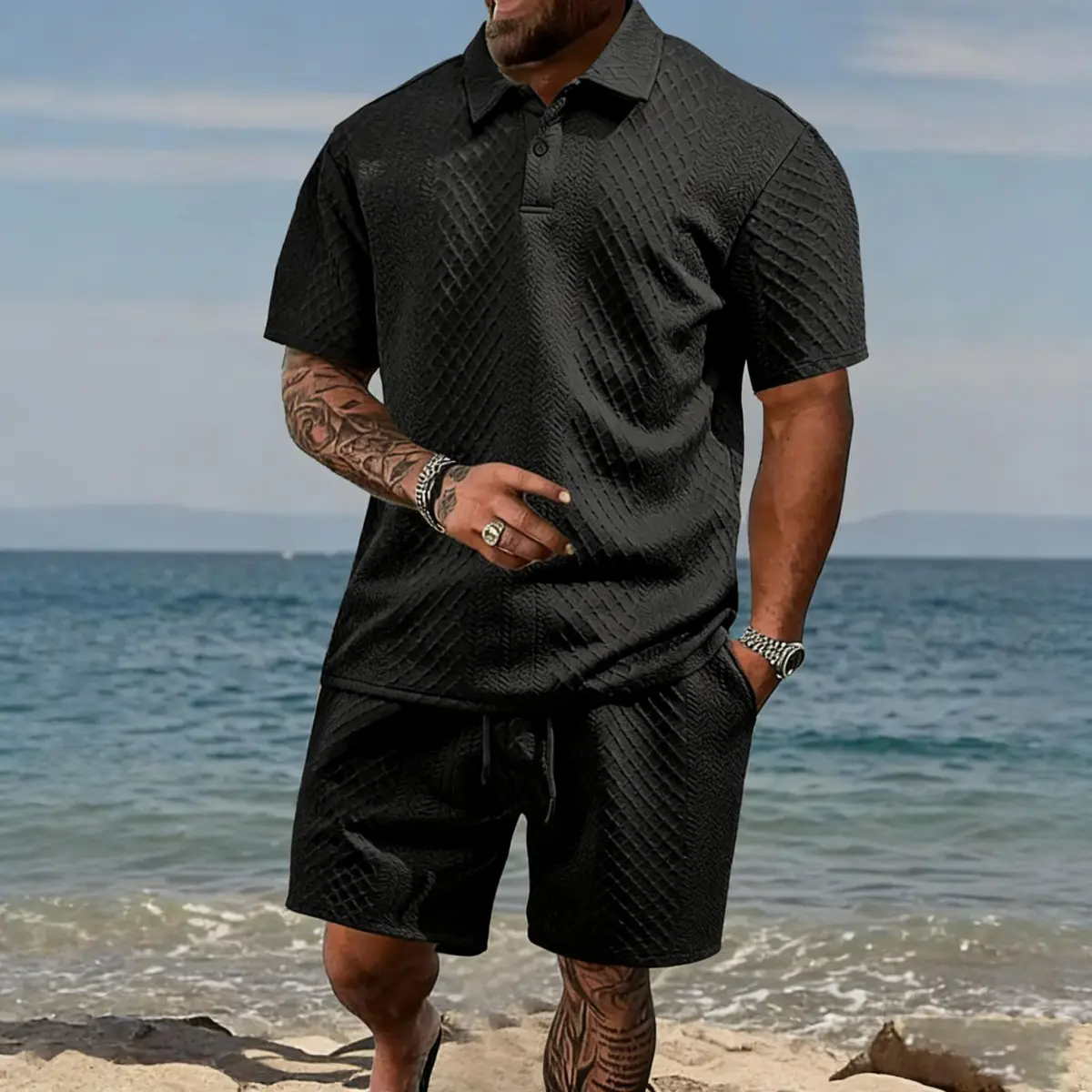 2-piece men's jacquard short-sleeved polo shirt and shorts set, regular fit, casual and stylish, breathable and comfortable, suitable for tropical beach vacations and outdoor activities, summer men's clothing, set, men's wear