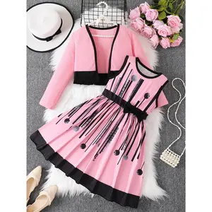 Girls' Random Print Round Neck Bow A-Line Vest Dress Set with Fringe Cardigan, Comfortable Skin-Friendly Fabric, Perfect for Casual